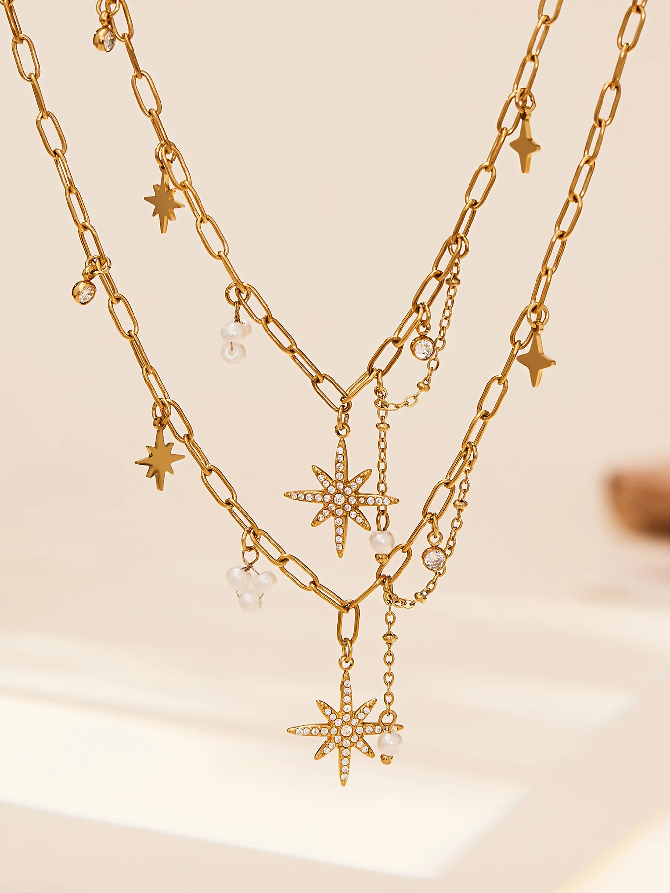 Wholesale Stainless Steel Octagon Star Pendant Choker Crystal Zircon Beaded Fringe Neckl aperçu 2