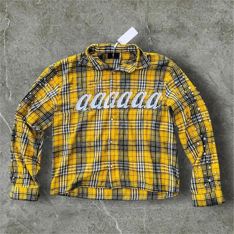 Salati Manufacturer Custom Streetwear Boxy Button up Embroidery Rhinestone Plaid Check Flannel Boxy Cropped Long Sleeve Shirts gallery 9