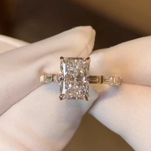 Unique Radiant Cut Lab-Grown Diamond Engagement Ring with Side Baguettes - Handcrafted Ring, Conflict-Free, Proposal Ring