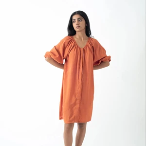 Linen Button Down Midi Tic Tac Tan Orange Loose Dress Loose & Comfortable Fit Custom Size Plus Size Maternity Tunic With Pockets