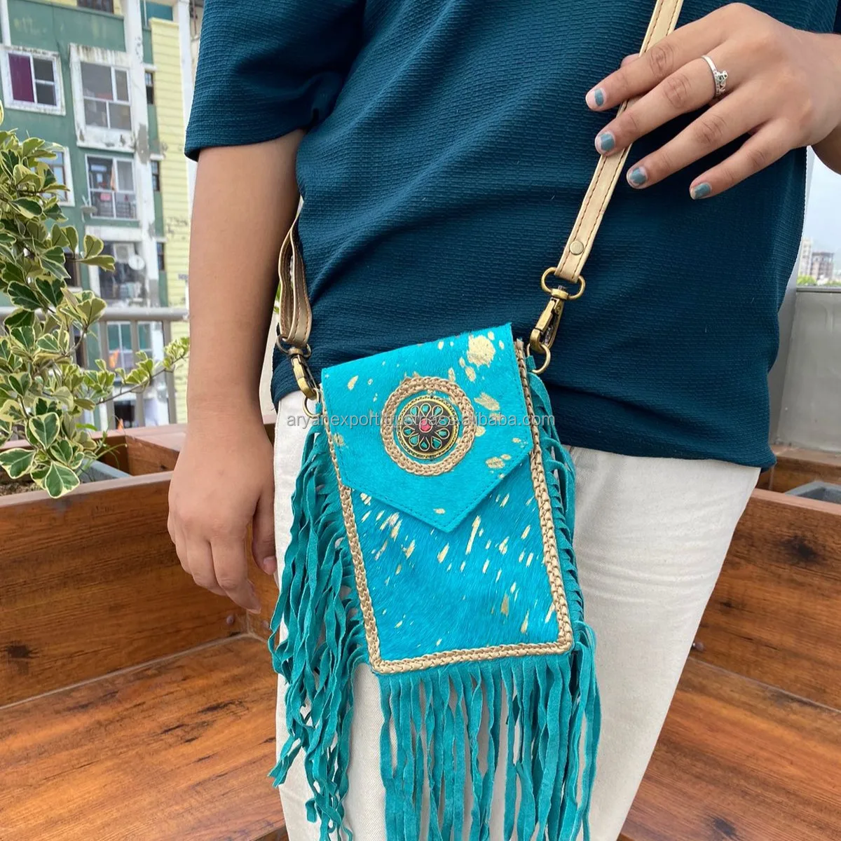 Blue and Cowhide with Fringe Women\'s western Bag Turquoise Fringe Cowhide Bag – Western Leather Crossbody  main image 2