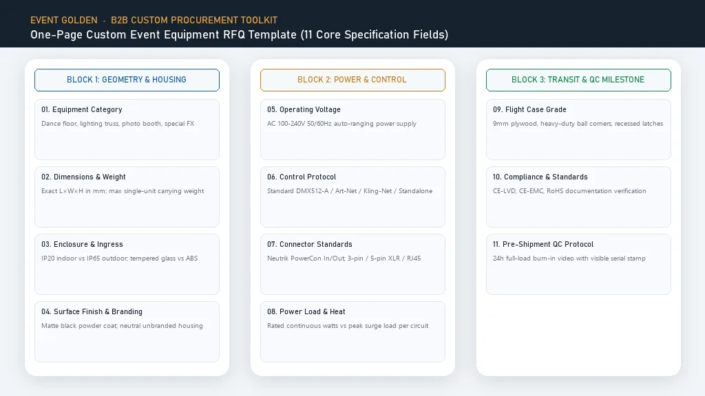 One-page RFQ template for custom event equipment from China showing eleven specification fields