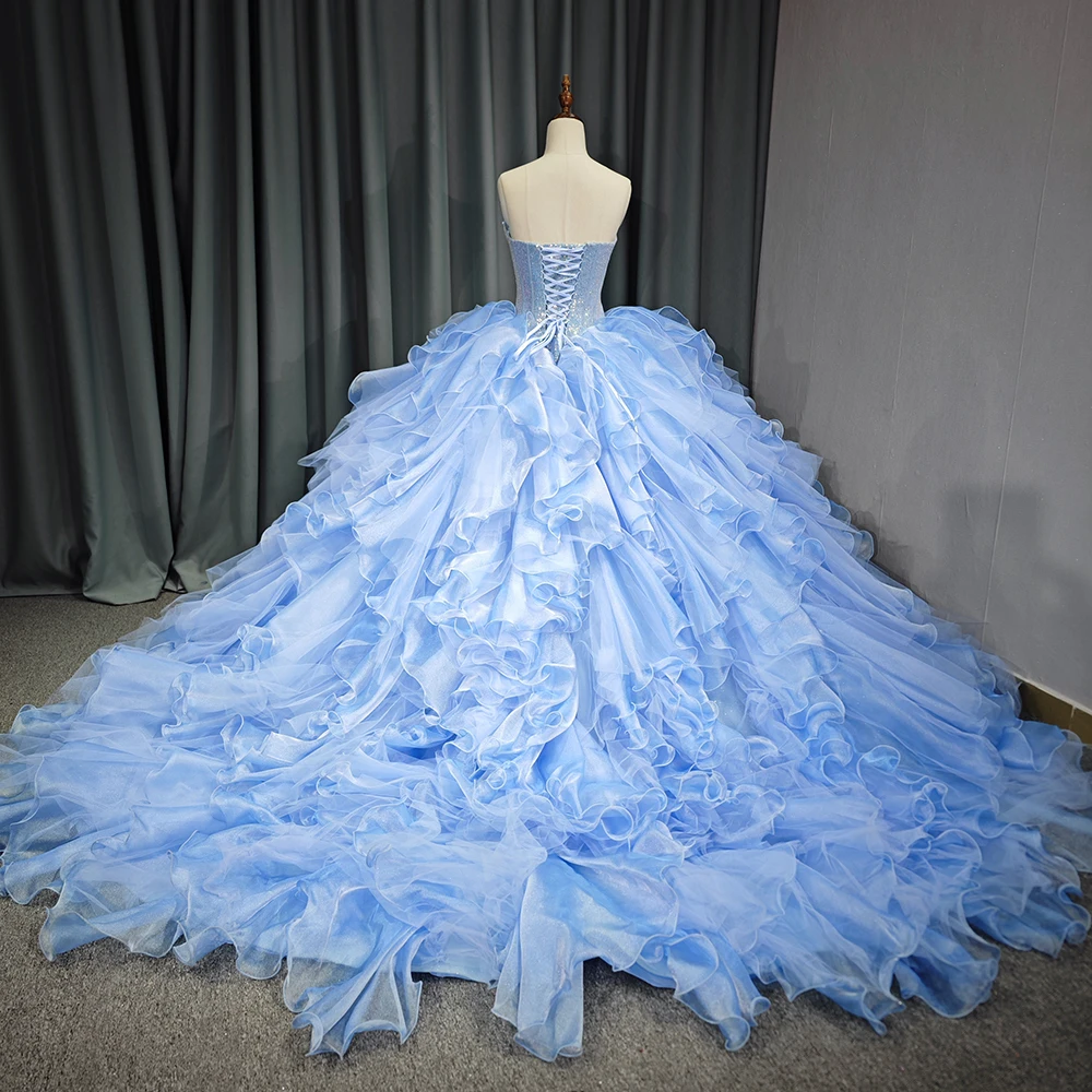 blue puffy wedding dress Ladivine CC415 Size 10 Smoky Blue Sheer Beaded V Neck Corset Prom Dress A Line Shimmer Ballgown Formal Gown main image 0