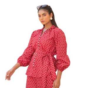 New Western Design Geometric Print Lava Red Pant Suit Set With a Tie up Belt Summer Women Suits Sets for Available Big Size