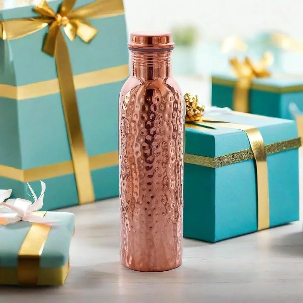 Best Quality Pure Copper 1000ml Leakproof Lid Vacuum Insulated Water Bottle Tumbler Set Hammered Ayurvedic Eco-Friendly Handmade_voghion.com