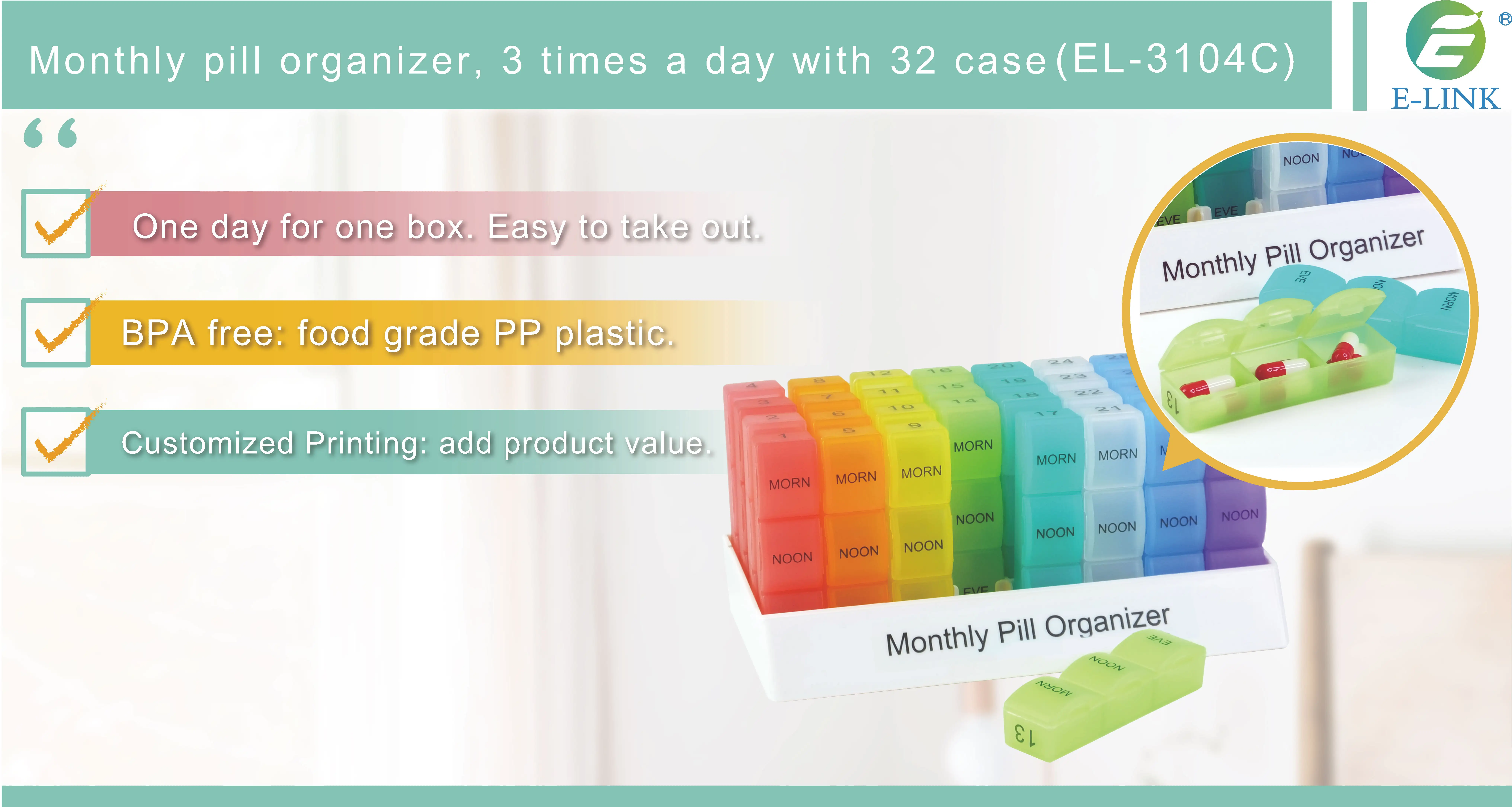 Threetimesaday 30day Pill Organizer,With 32 Slots,Medication Holder