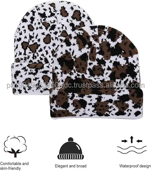 Women and Men's Cow Print Camouflage Beanie Hat Warm 2-Layer Winter Skull Cap with Dot and Fruit Pattern Y2K Animal Print Beach