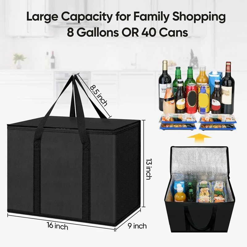 HANSUN Black Insulated Collapsible Cooler Bag Non-Woven Fabric Thermal and Waterproof for Reusable Grocery Shopping