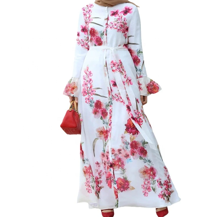 White Suit Red Flower Printed Best Selling Abaya Dress Dubai Designs Islamic Ethnic Clothing Private  Label Abaya for Muslims