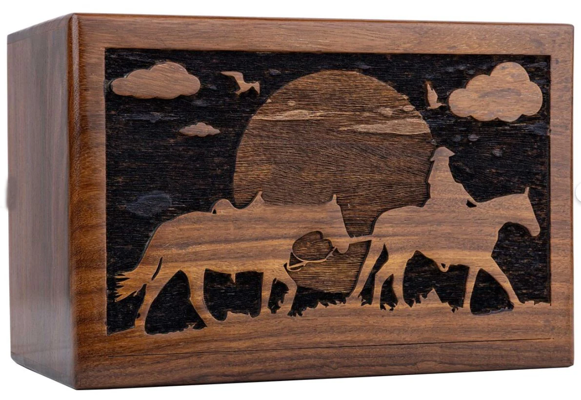 Funeral Urns for Columbarium,Handmade Double Uplifting Horse Wood Cremation Urns for Human Ash Adult Tree of Life Funeral UrnBox
