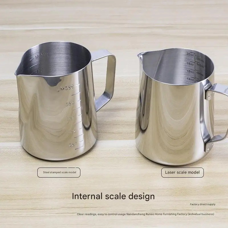 Milk Cup 304 Stainless Steel Milk Jar Pointed Mouth Flower Jar Round Mouth Milk Foam Pot with Scale Large Capacity Cup