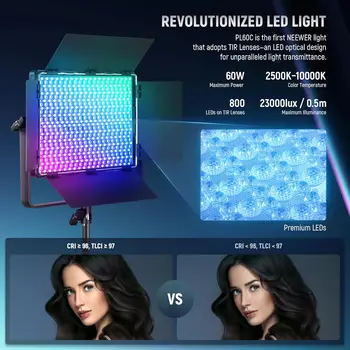 NEEWER 2 Pack PL60C RGB LED Panel Video Light Kit with 6.6ft/2m Spring Cushioned Light Stands/Bag, APP/2.4G/DMX Control, 60W detail image