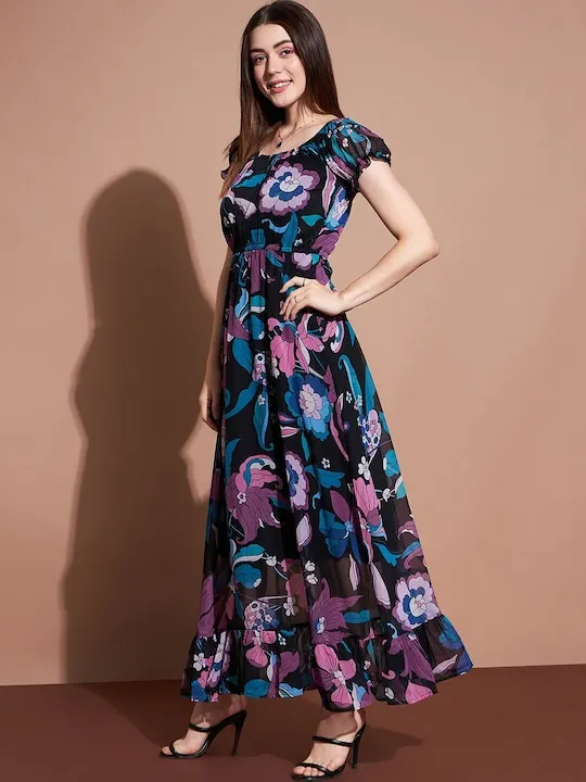 Flutter Sleeves Ruffled Square Neck Flounce Midi A-Line Dress Front Ruffle Women Casual Summer Dress Made In India