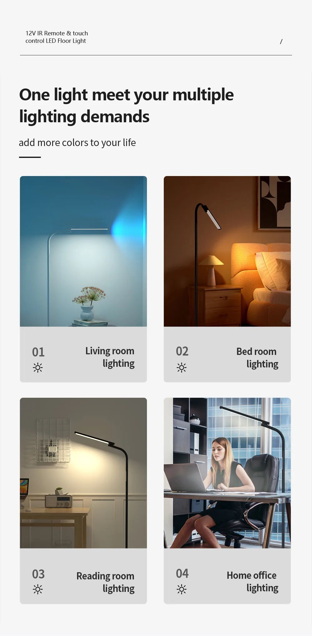 12vLED Floor Lamp，With Infrared Remote Control and Touch Control Adjustable Brightness Energy Saving Modern Design Floor Lamp