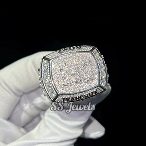 Hip Hop Men's Championship Moissanite Ring 925 Silver Custom Made Rapper Champion Bustdown Iced Rhodium Plated Prong Setting