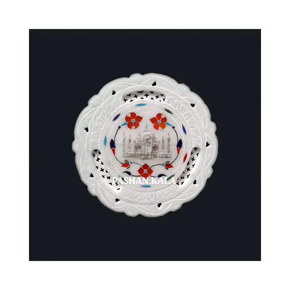 Wall Plate With Inlay Work Perfect for Home Decoration Taj Mahal Inlay Work Marble Plate Handcrafted Marble Decorative