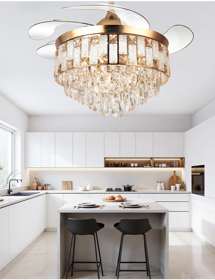 Y262 Luxury 42 Inch Ceiling Fan Light Gold Crystal Retractable Fan Light and Remote Control Invisible European LED Fan Light