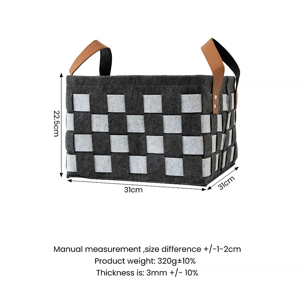 Product dimension and specification graphic for the 31 x 31 x 22.5 cm square felt storage basket