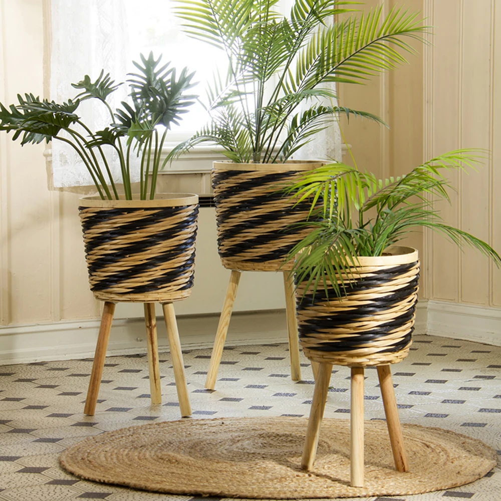 Black Pattern Bamboo With Leg Plant Stand Planter/flower Pot Home Decor Vietnam Eco Friendly