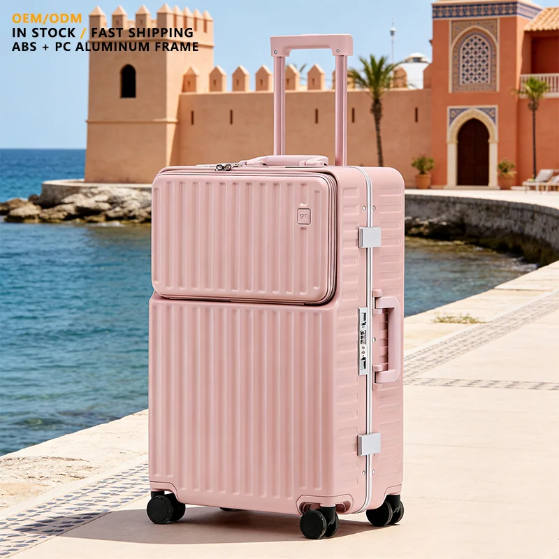 26 Inch High Quality Scratch-Resistant PC Suitcase with Front Pocket & USB Port Cup Holder Aluminum Frame Luggage