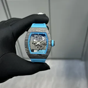 New Tonneau-shaped Carbon Fiber case Business Sports Watch Natural Rubber Strap Stylish Skeleton Design Men's Mechanical Watches