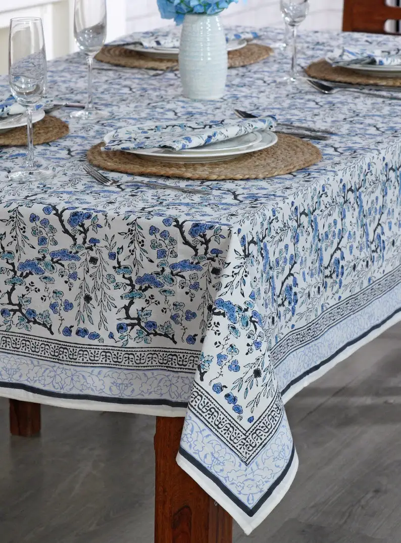 Spruce Carolina And Powder Blue Indian Block Floral Print Pure Cotton Cloth Tablecloth Indian