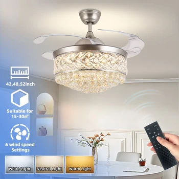 LED Invisible Bladeless Pendant Retractable Glass Crystal Body Concealed Hidden LED Ceiling Fan Light with Remote Control Switch