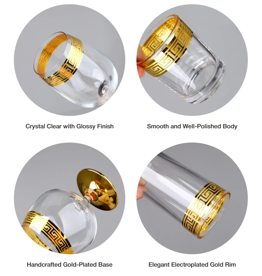 Heavy Bottom Greek Key Gold Rim Champagne Flutes Brandy Snifters Highball Rocks Whiskey Red Wine Drinking Glass