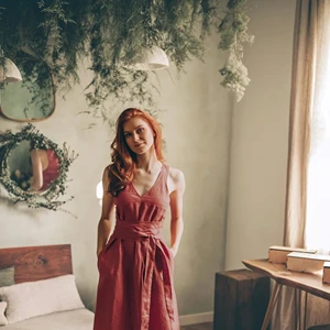 Wholesale Summer Classic Style Linen Maxi Dress with Obi Belt With Pockets V-Neckline Maxi Dress Linen Clothing