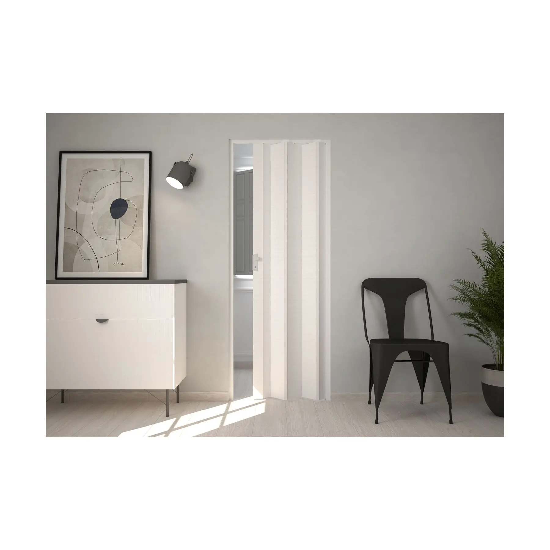 Sleek Horizontal White Pvc Bifold Door Maya Model With Abs Lock