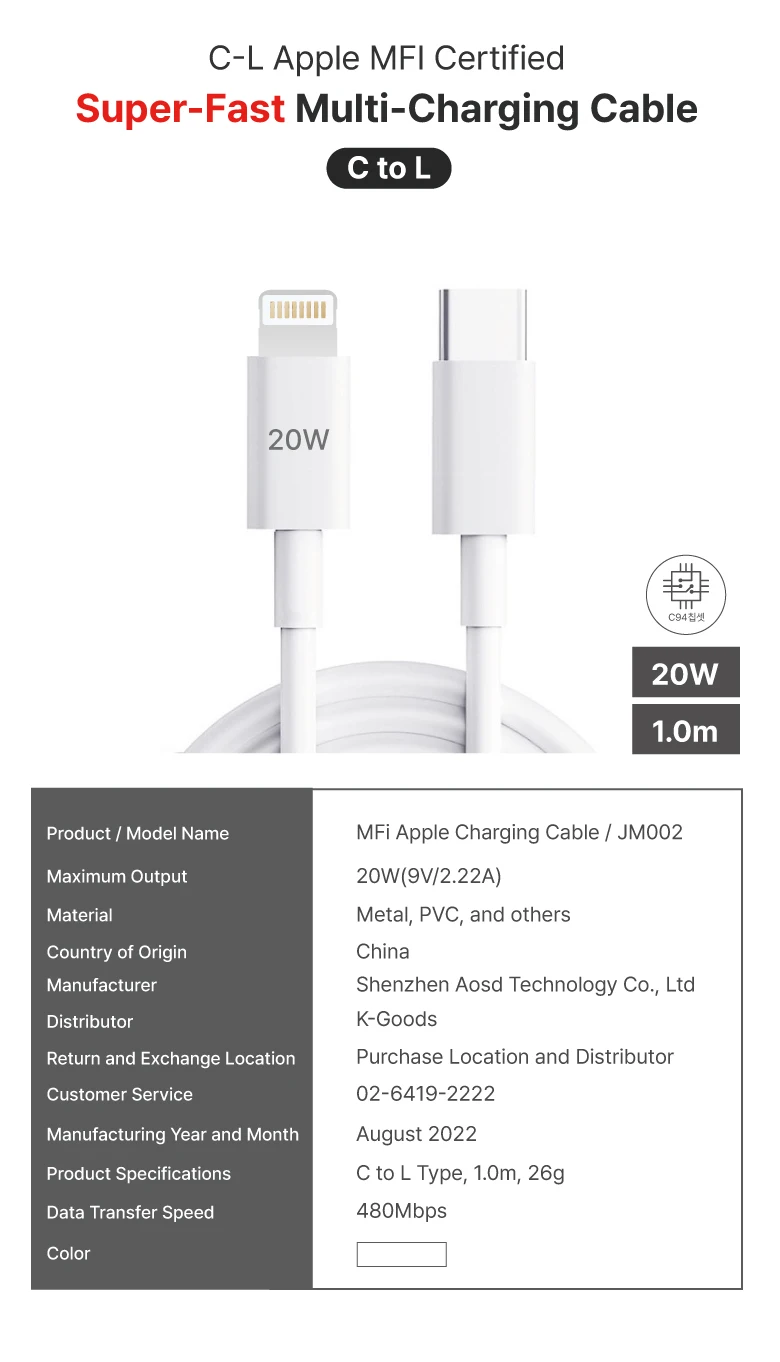 Super Fast Ctol Apple Mfi Certified Charging Cable 1m Long 20w For Ctol ...