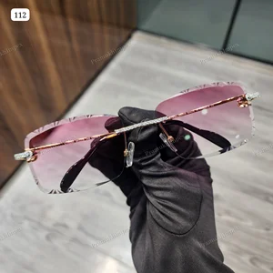 Hot Selling Moissanite Diamond Sunglasses Men Rimless Metal Anti-Reflective Pink Lens Custom Design