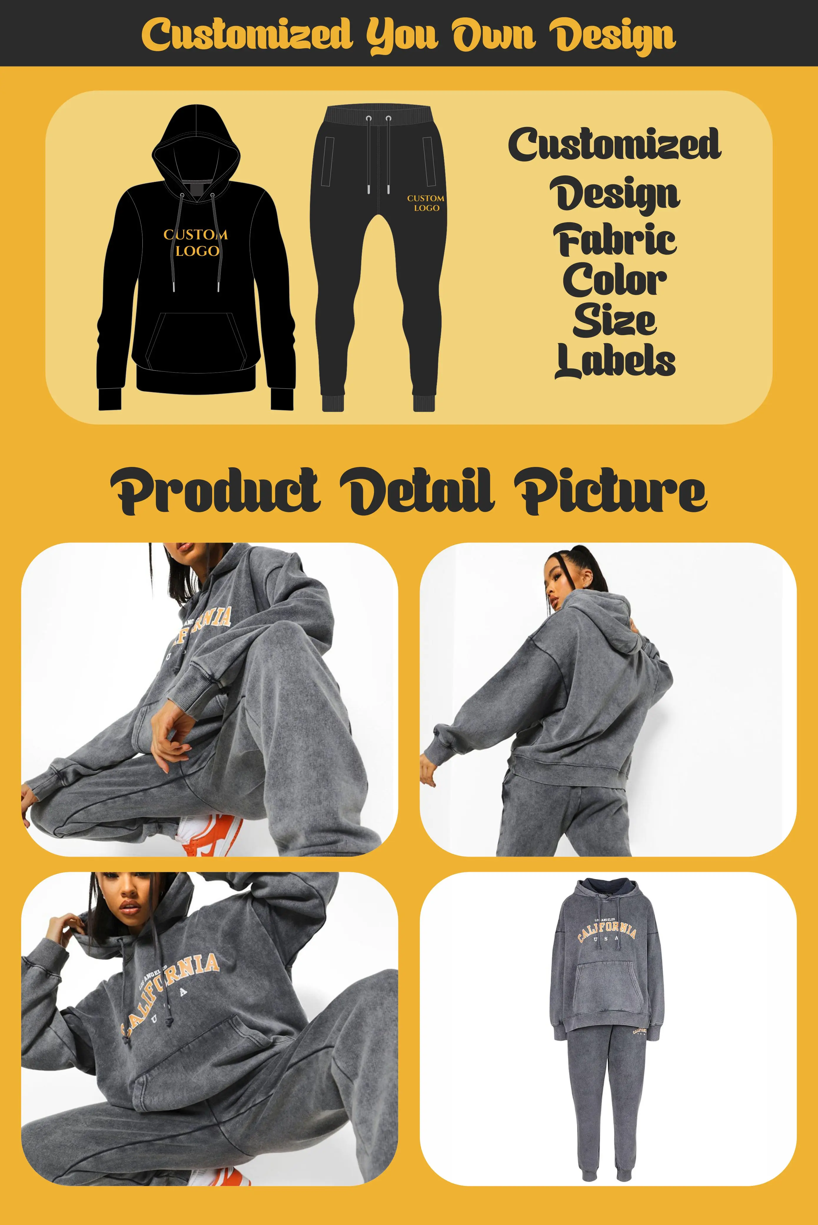 High Quality Heavyweight Acid Wash Tracksuit Vintage Hoodie And Sweatpants Set Custom Design