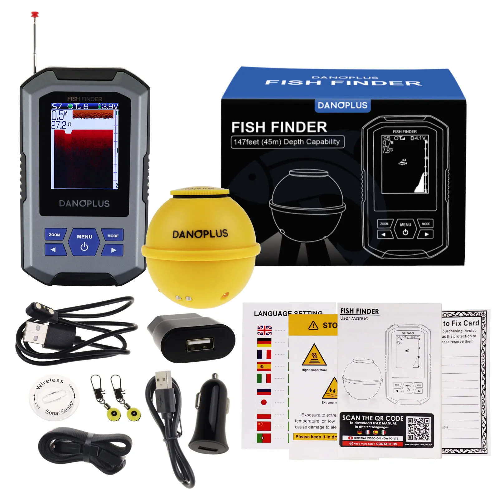Kabelloser Fischfinder | 45 Meter (147 Fu) & 0,7 Meter (2 Fu) Tiefe  Sonar-Sensor mit LCD-Anzeige fr Kajak, Ufer, Eisfischen (OEM)
