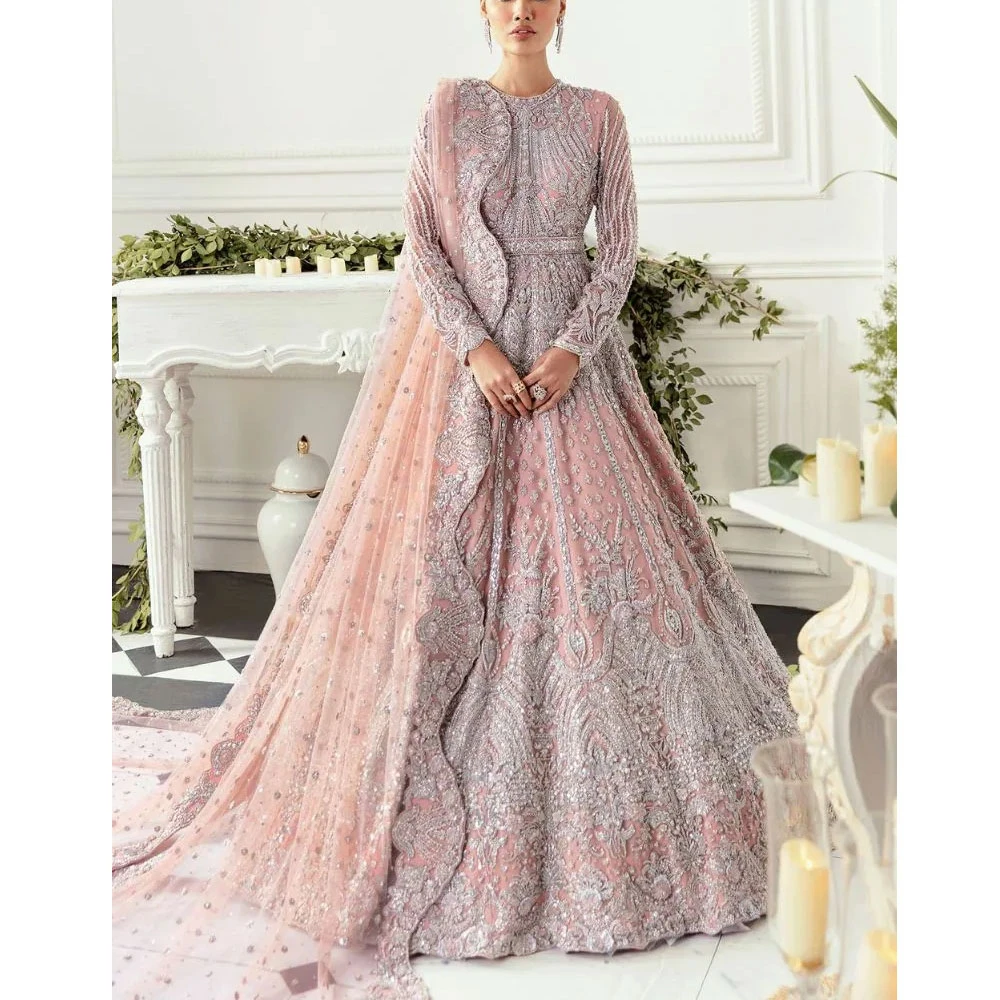 net lace dresses pakistani Andaaz Fashion Women's Pakistani Navy Blue Net Wedding Lehenga With Long Choli