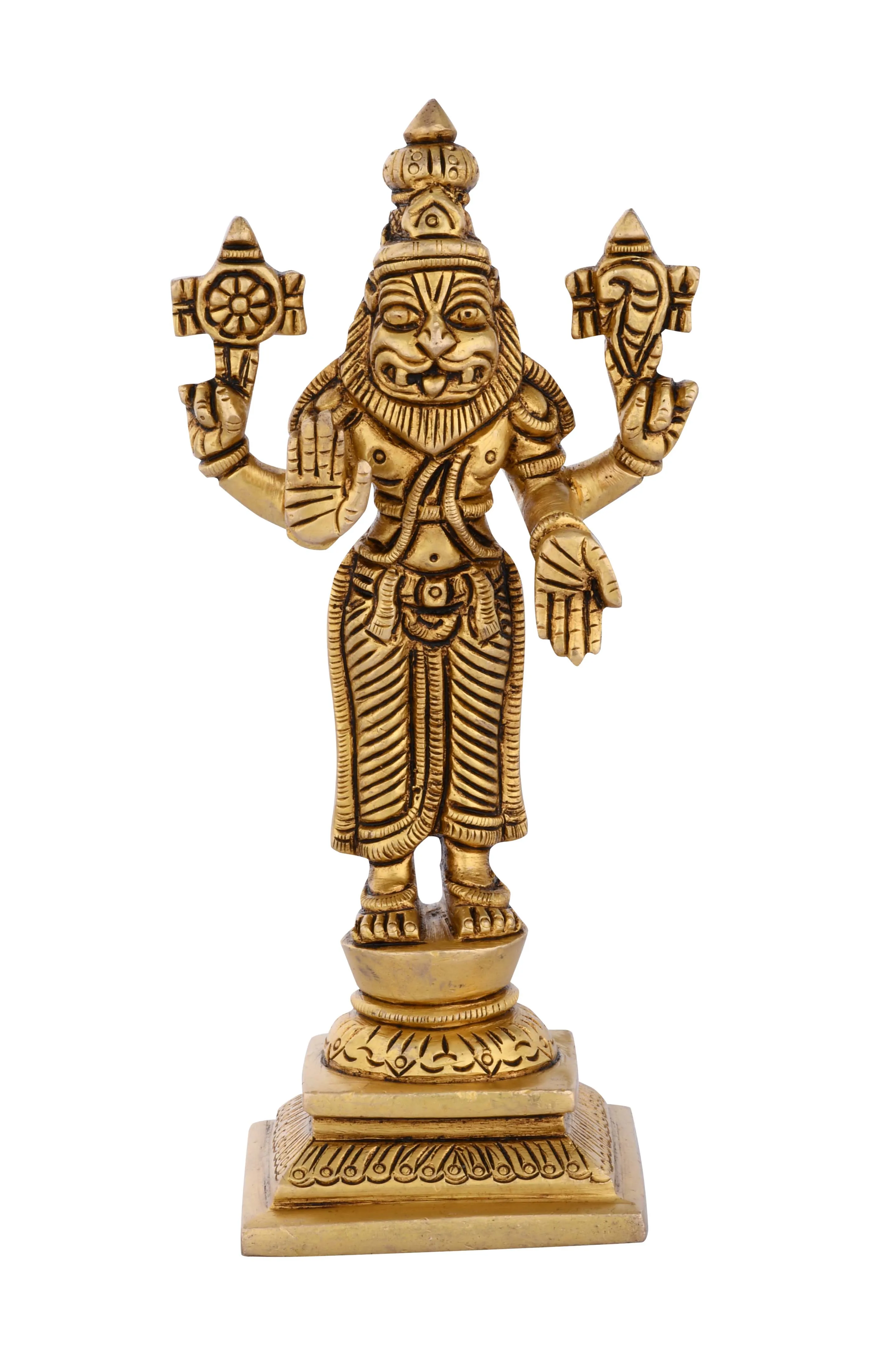 Brass Narasimha Dev Handcrafted Statue 15.2 cm Traditional Hindu Deity Idol Polished 580 gm Standing Devotee