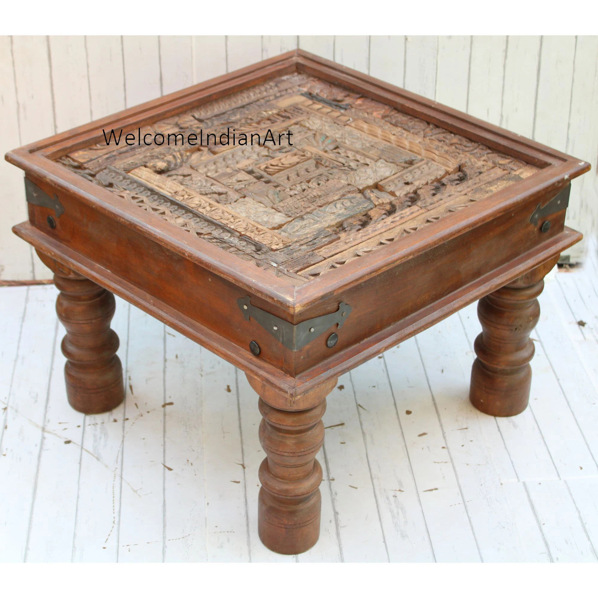 Handcrafted Wooden Coffee Table Traditional Printing Block Design Artistic Centerpiece Portable Unique Home Furniture for Living