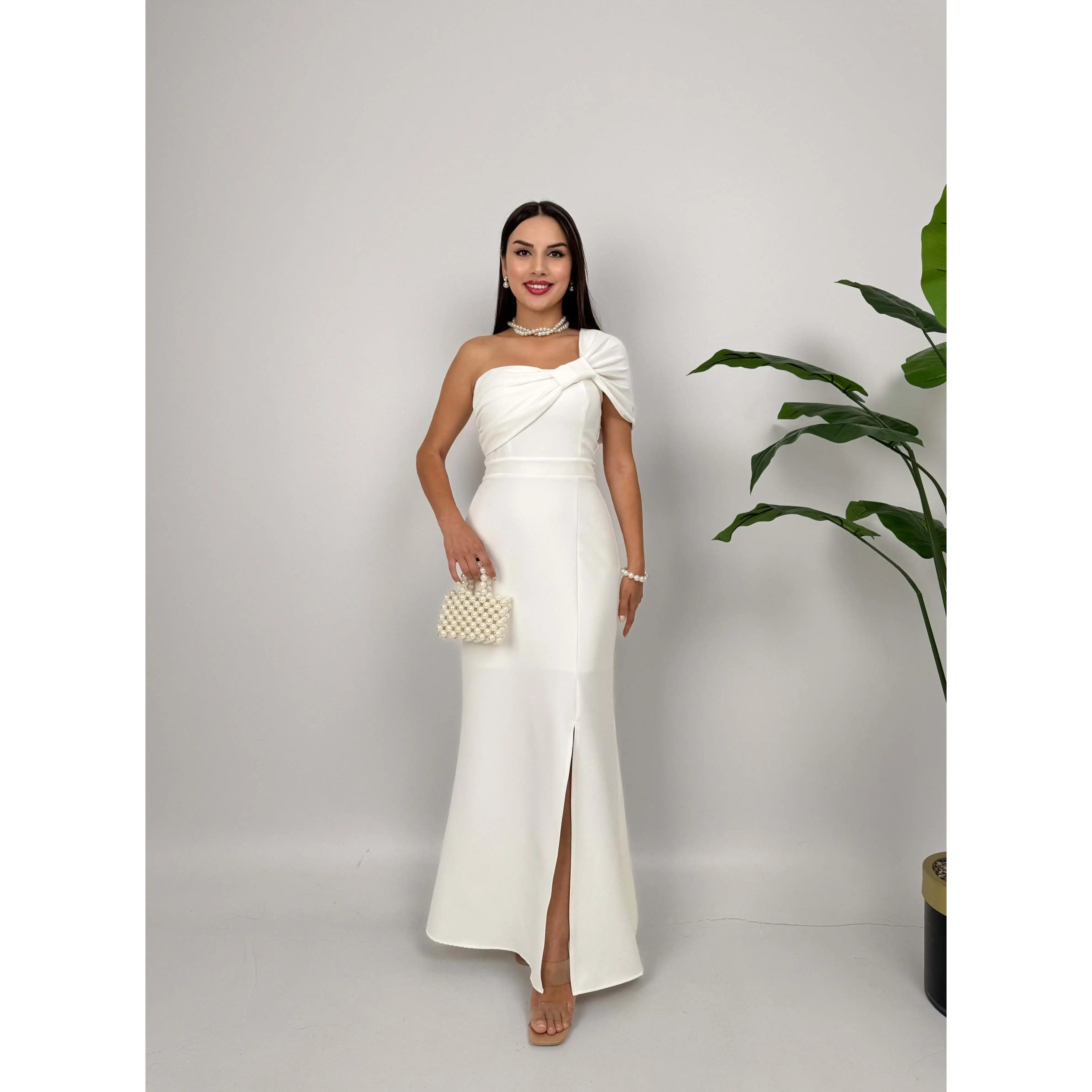 3008 Satin Sheath Dress with Brooch on Shoulder Natural Waistline