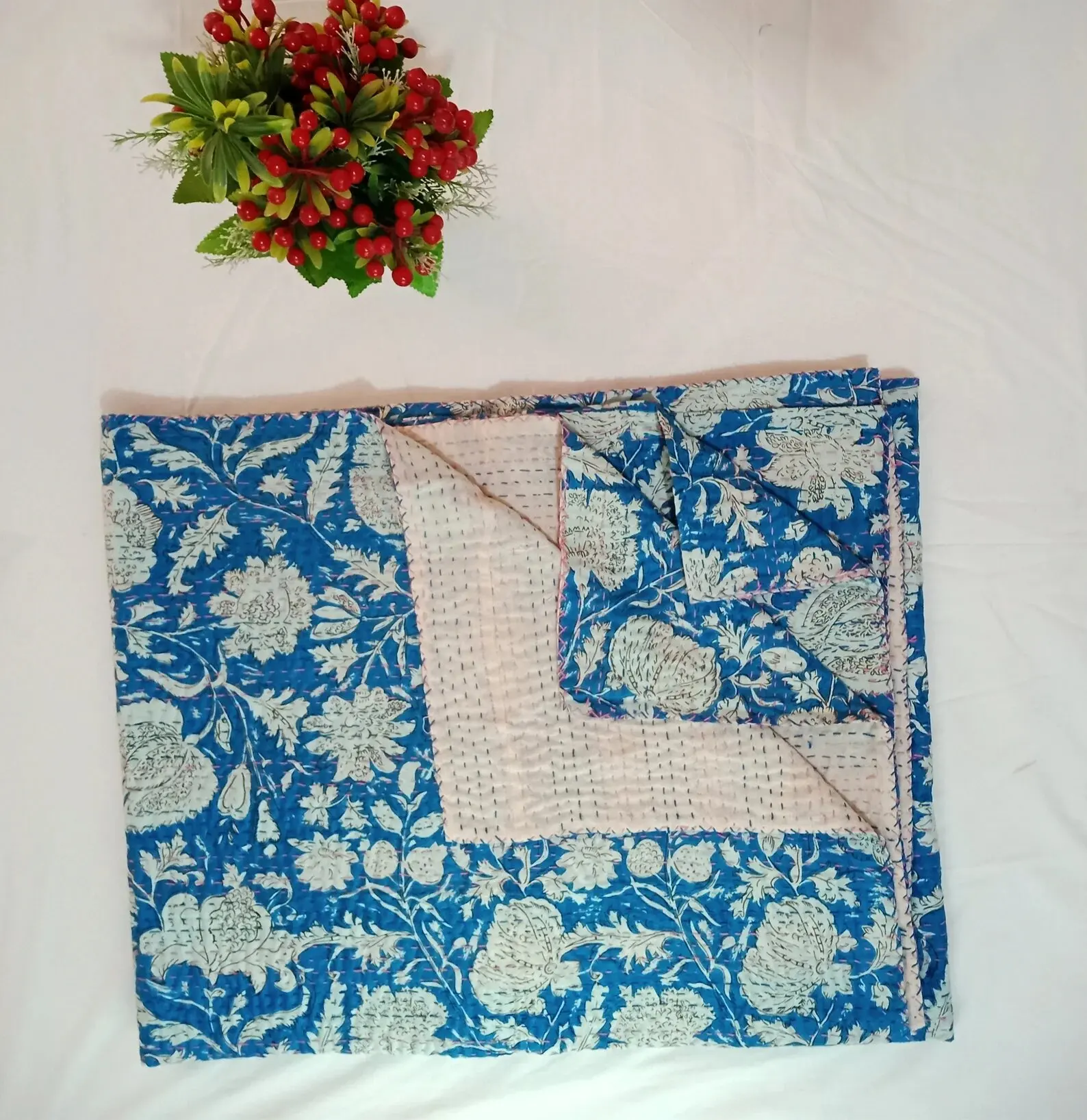 Kantha Quilt Indian Cotton Queen Kantha Quilt Floral Bedspread Ethnic
