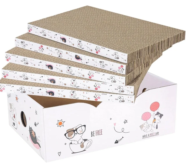 5 Packs in 1 Cat Scratch Pad with Box Reversible Durable Recyclable Suitable Scratcher Cardboard for Cats to Rest