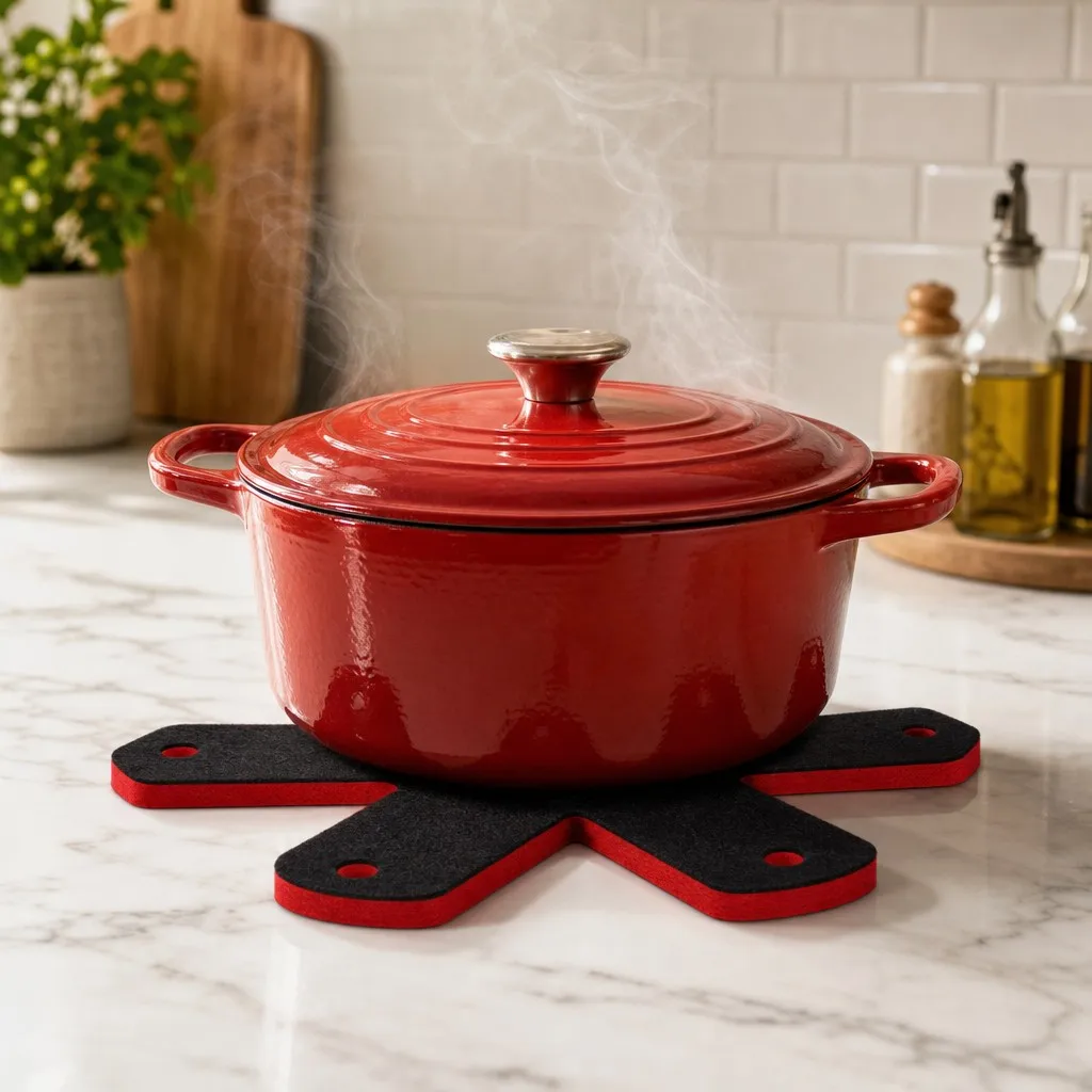 Red casserole pot resting on a six-lobed felt pan protector on a kitchen counter
