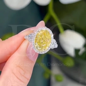 Oval Fancy Yellow 7.40tcw Moissanite Halo Engagement Ring | IGI Certified VVS-VS Clarity 14K Rose Gold Silver Plated Wedding