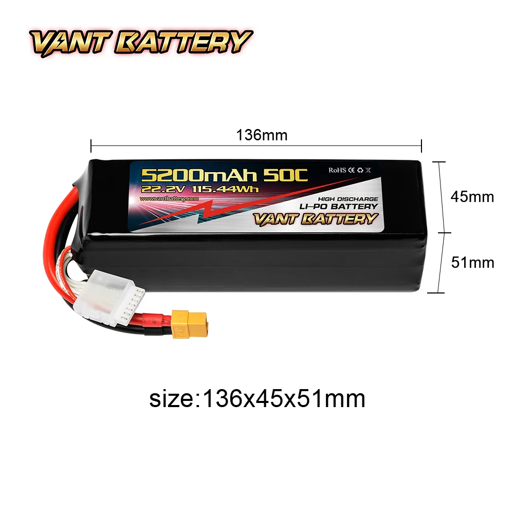 Vantfpvドローンバッテリー6SLipo 22.2V 5200mAh 50Cソフトケースバッテリー軽量、ドローン用XT60プラグ付き