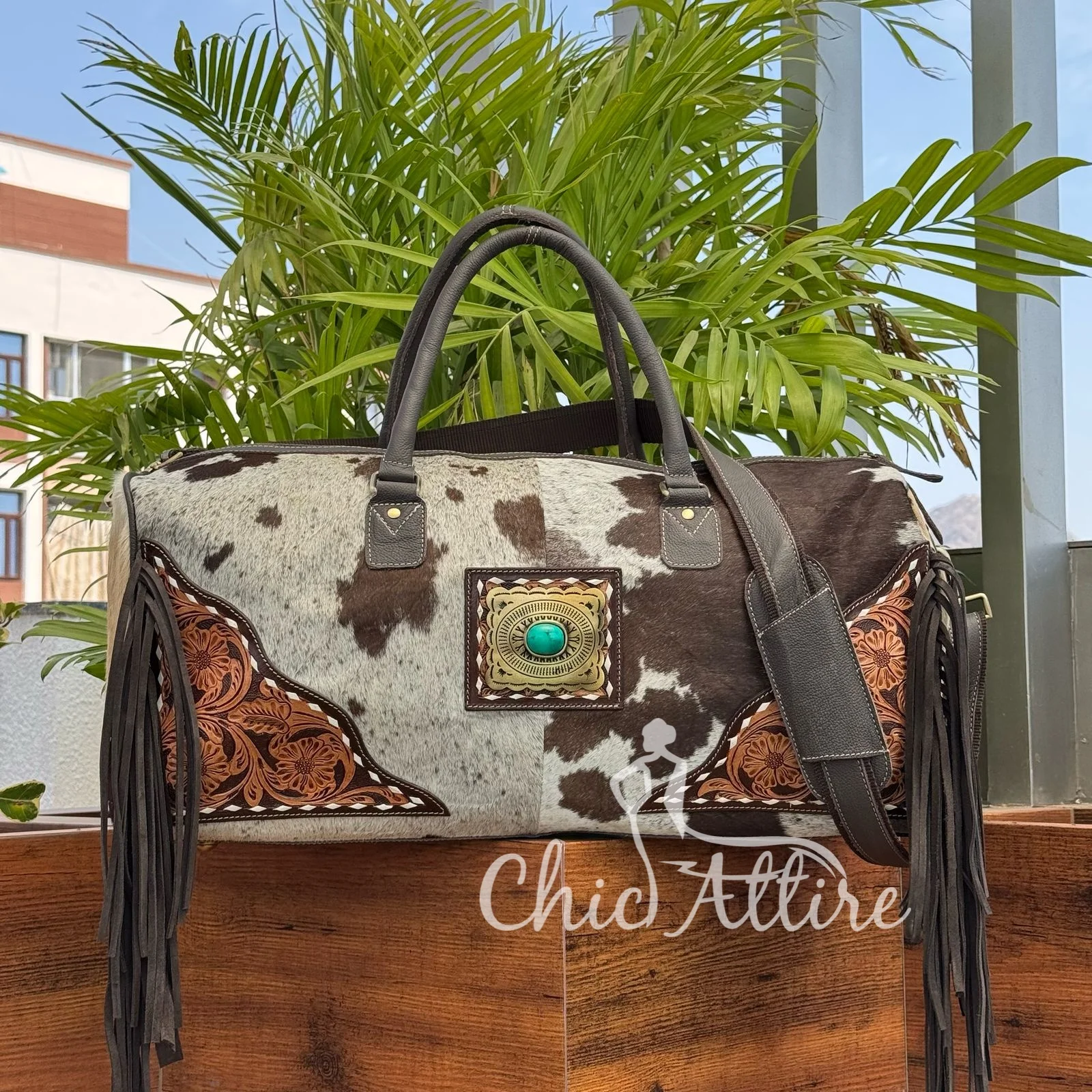 New Modern Design Overnight Hand Tooled Leather Fringe Duffel Bags