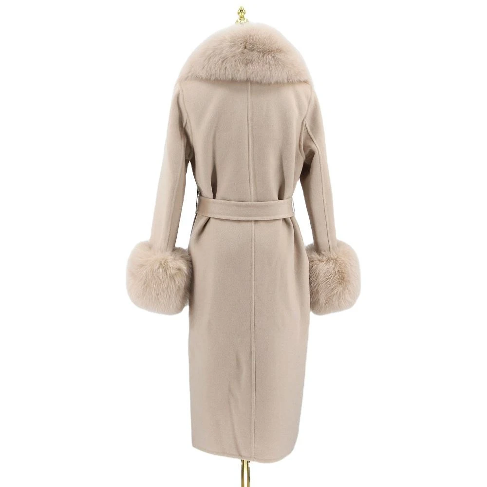 2025 Oem Ladies Elegant Double-sided Wool Coat New Real Fox Fur Big Collar Long Cashmere Wool Jacket For Spring Autumn Winter - Image 2
