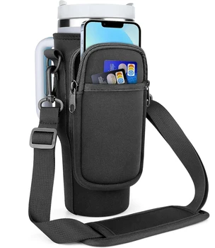 Neoprene Water Bottle Holder Pouch with Strap Cup Accessories Water Bottle Carrier Bag with Phone Pocket For 30oz 40oz Tumbler