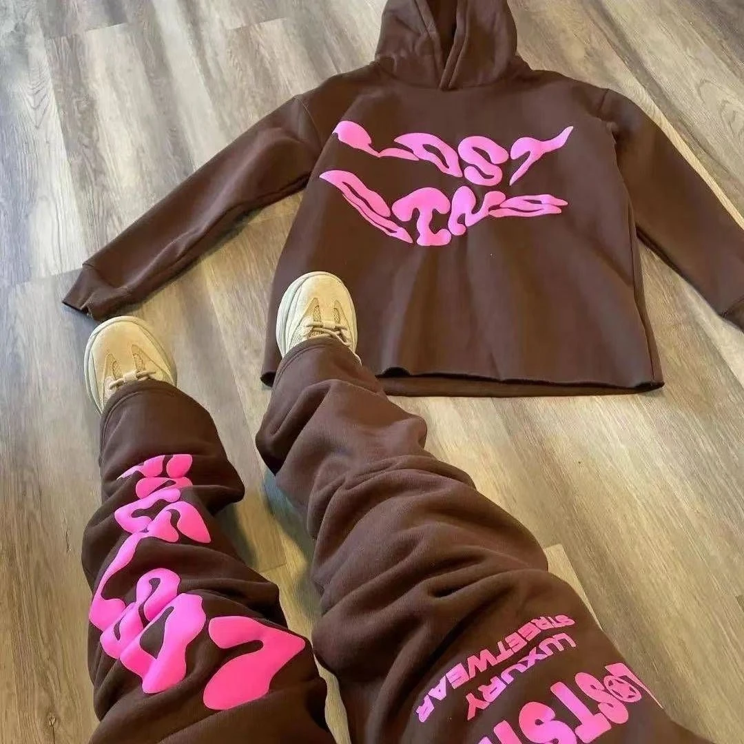 Wholesale Two Piece Raw Hem Cut Edge Hoodie Sweatpants Men Set