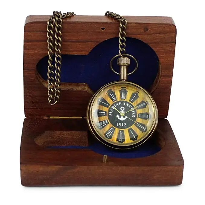 Unique Color Dial Brass Pocket Watch Wooden Box Customizable Chain
