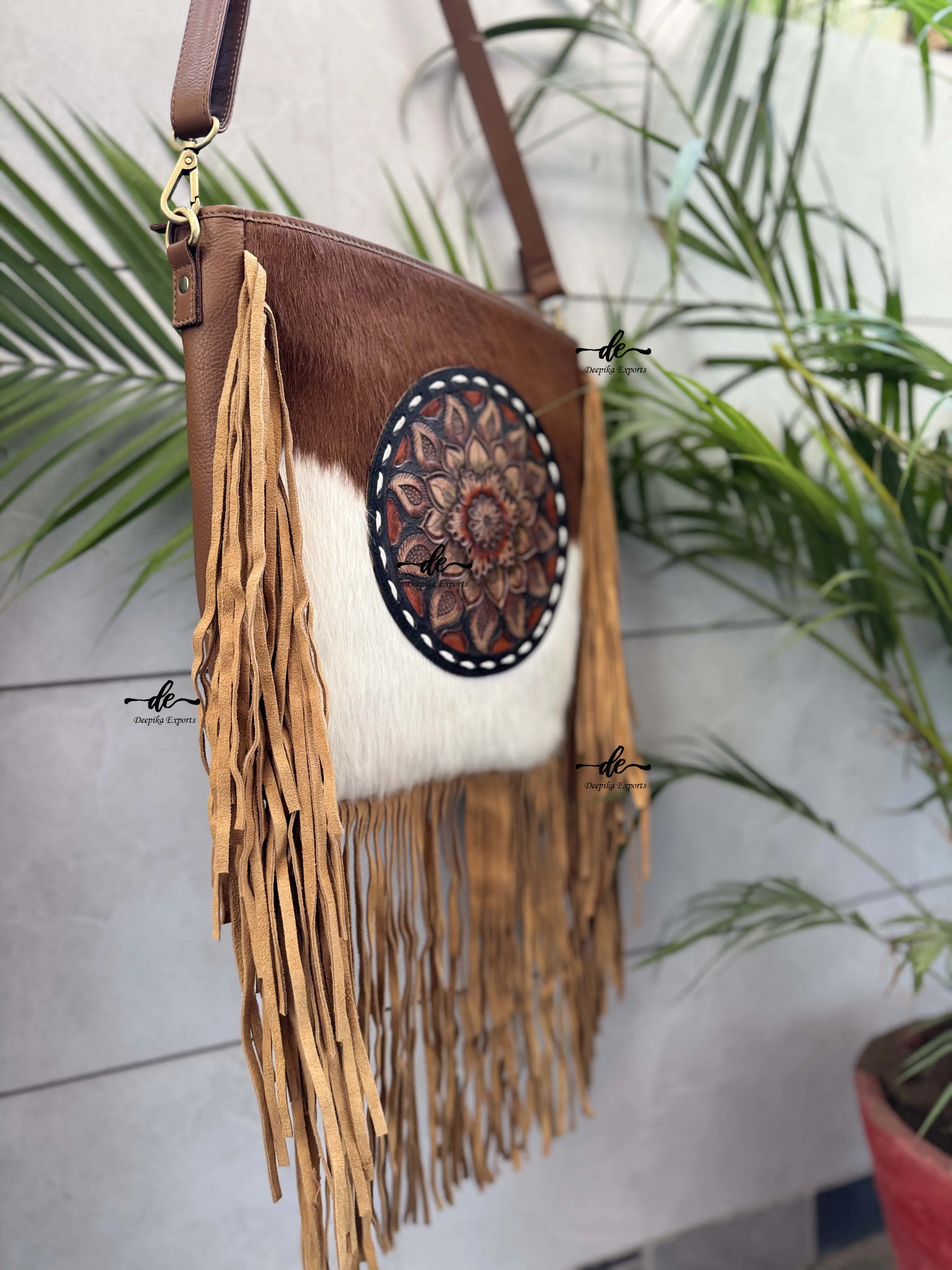 Western Pattern Cowhide Leather Hand Tooled Carving Handbag 