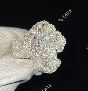 Luxury Custom Cross Baguette Cut Christian Religious 925 Sterling Silver Rhodium Plated Iced Moissanite Ring Gift